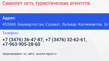 Самолет сеть туристических агентств - визитка