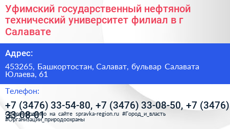 Уфимский государственный нефтяной технический университет филиал в г Салавате - визитка