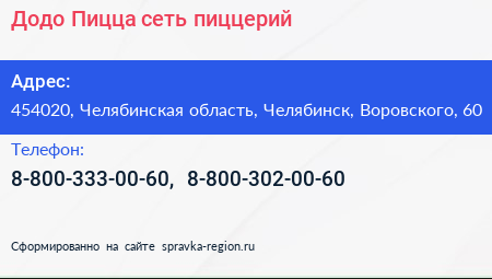 Додо Пицца сеть пиццерий - визитка
