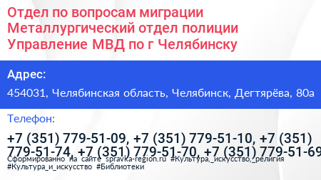 Отдел по вопросам миграции Металлургический отдел полиции Управление МВД по г Челябинску - визитка