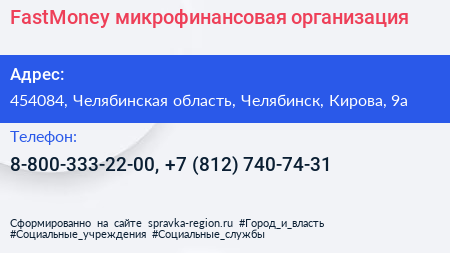 FastMoney микрофинансовая организация - визитка