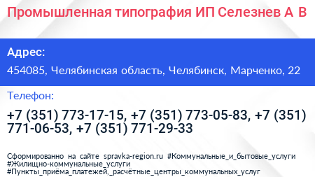 Промышленная типография ИП Селезнев А В  - визитка