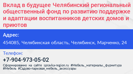 Вклад в будущее Челябинский региональный общественный фонд по развитию поддержке и адаптации воспитанников детских домов и приютов - визитка