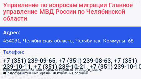 Управление по вопросам миграции Главное управление МВД России по Челябинской области - визитка