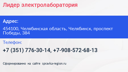 Лидер электролаборатория - визитка