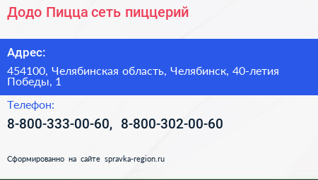 Додо Пицца сеть пиццерий - визитка
