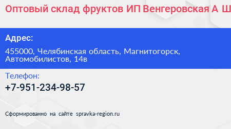 Оптовый склад фруктов ИП Венгеровская А Ш  - визитка