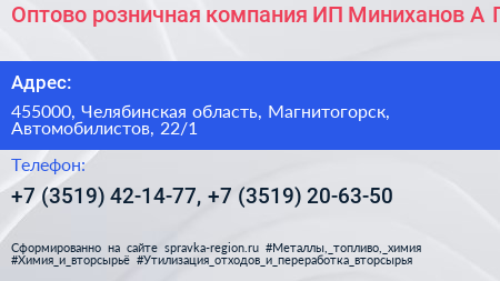 Оптово розничная компания ИП Миниханов А Г  - визитка