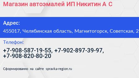 Магазин автоэмалей ИП Никитин А С  - визитка