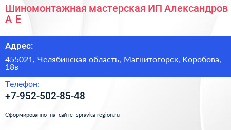 Шиномонтажная мастерская ИП Александров А Е  - визитка