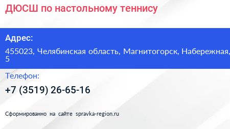 ДЮСШ по настольному теннису - визитка
