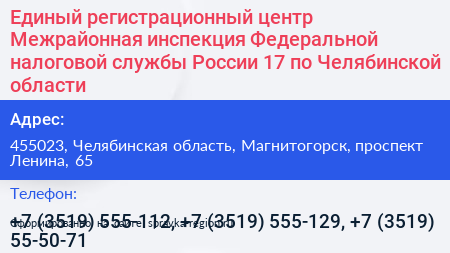 Единый регистрационный центр Межрайонная инспекция Федеральной налоговой службы России 17 по Челябинской области - визитка