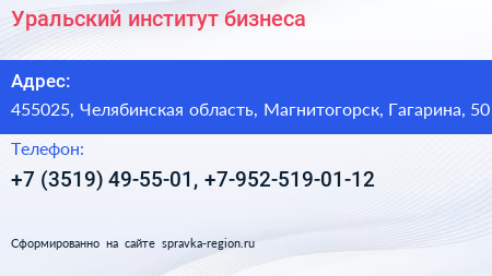 Уральский институт бизнеса - визитка