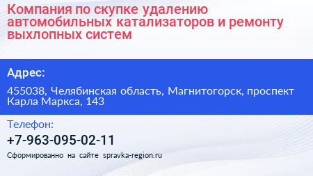 Компания по скупке удалению автомобильных катализаторов и ремонту выхлопных систем - визитка