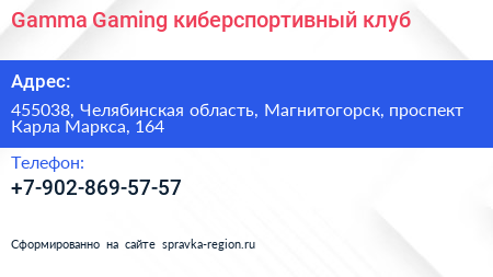 Gamma Gaming киберспортивный клуб - визитка