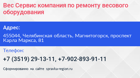 Вес Сервис компания по ремонту весового оборудования - визитка