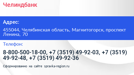 Челиндбанк - визитка