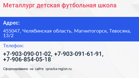 Металлург детская футбольная школа - визитка