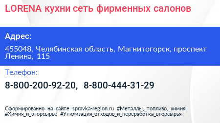 LORENA кухни сеть фирменных салонов - визитка