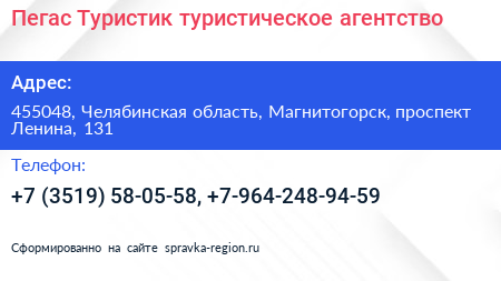 Пегас Туристик туристическое агентство - визитка