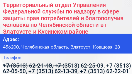 Территориальный отдел Управления Федеральной службы по надзору в сфере защиты прав потребителей и благополучия человека по Челябинской области в г Златоусте и Кусинском районе - визитка