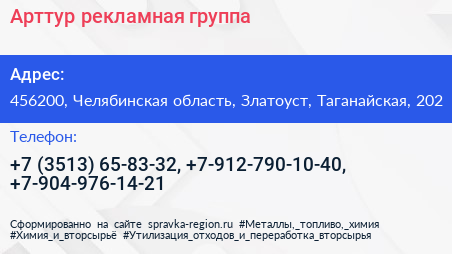 Арттур рекламная группа - визитка