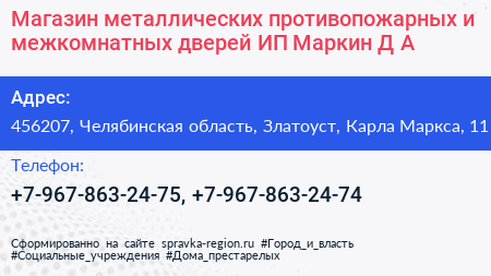 Магазин металлических противопожарных и межкомнатных дверей ИП Маркин Д А  - визитка