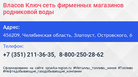 Власов Ключ сеть фирменных магазинов родниковой воды - визитка