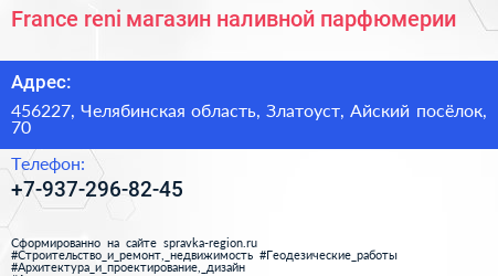 France reni магазин наливной парфюмерии - визитка
