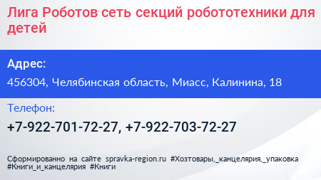 Лига Роботов сеть секций робототехники для детей - визитка