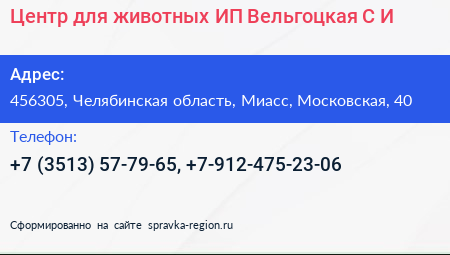Центр для животных ИП Вельгоцкая С И  - визитка
