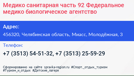 Медико санитарная часть 92 Федеральное медико биологическое агентство - визитка