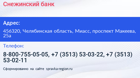 Снежинский банк - визитка