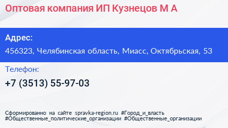 Оптовая компания ИП Кузнецов М А  - визитка