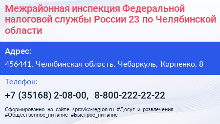 Межрайонная инспекция Федеральной налоговой службы России 23 по Челябинской области - визитка