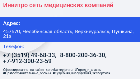 Инвитро сеть медицинских компаний - визитка
