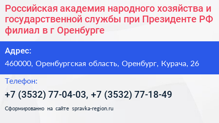 Российская академия народного хозяйства и государственной службы при Президенте РФ филиал в г Оренбурге - визитка