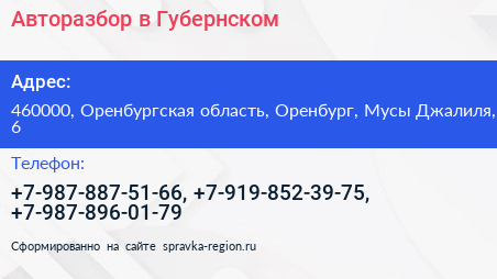 Авторазбор в Губернском - визитка