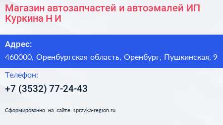 Магазин автозапчастей и автоэмалей ИП Куркина Н И  - визитка