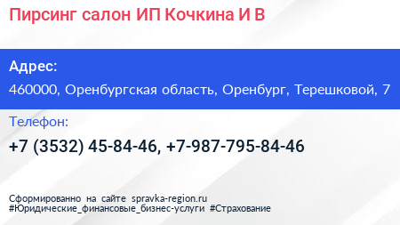 Пирсинг салон ИП Кочкина И В  - визитка
