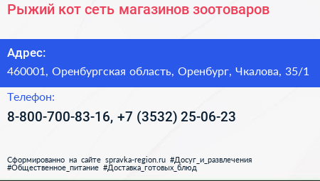 Рыжий кот сеть магазинов зоотоваров - визитка