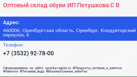 Оптовый склад обуви ИП Петушкова С В  - визитка