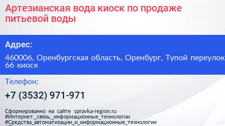 Артезианская вода киоск по продаже питьевой воды - визитка