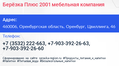 Берёзка Плюс 2001 мебельная компания - визитка