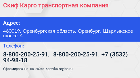 Скиф Карго транспортная компания - визитка