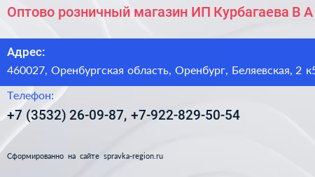Оптово розничный магазин ИП Курбагаева В А  - визитка