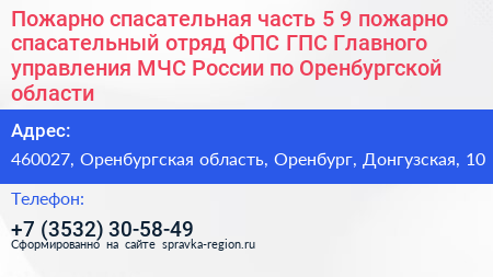 Пожарно спасательная часть 5 9 пожарно спасательный отряд ФПС ГПС Главного управления МЧС России по Оренбургской области - визитка