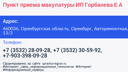 Пункт приема макулатуры ИП Горбанева Е А  - визитка