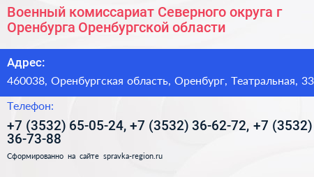 Военный комиссариат Северного округа г Оренбурга Оренбургской области - визитка