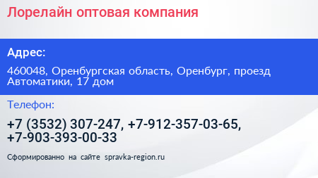 Лорелайн оптовая компания - визитка